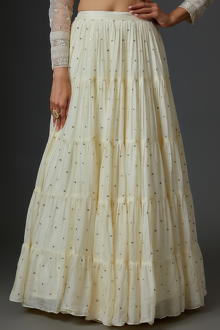 White Georgette Embroidered Tiered Wedding Lehenga Set by Chamee and Palak at Pernia's Pop Up Shop