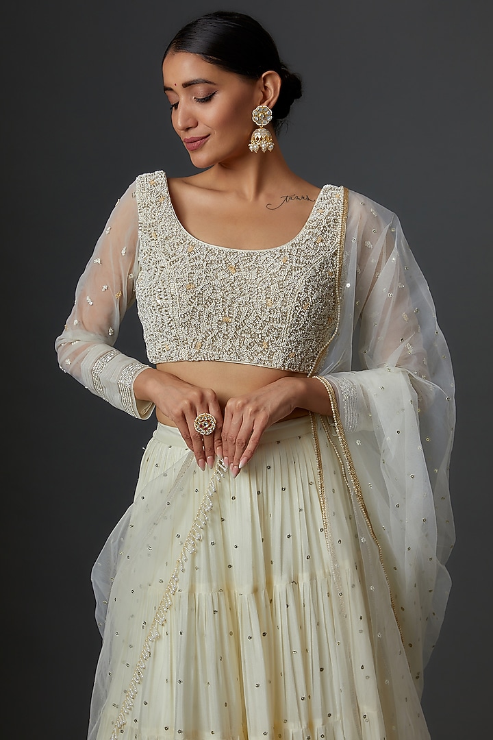 White Georgette Embroidered Tiered Wedding Lehenga Set by Chamee and Palak at Pernia's Pop Up Shop
