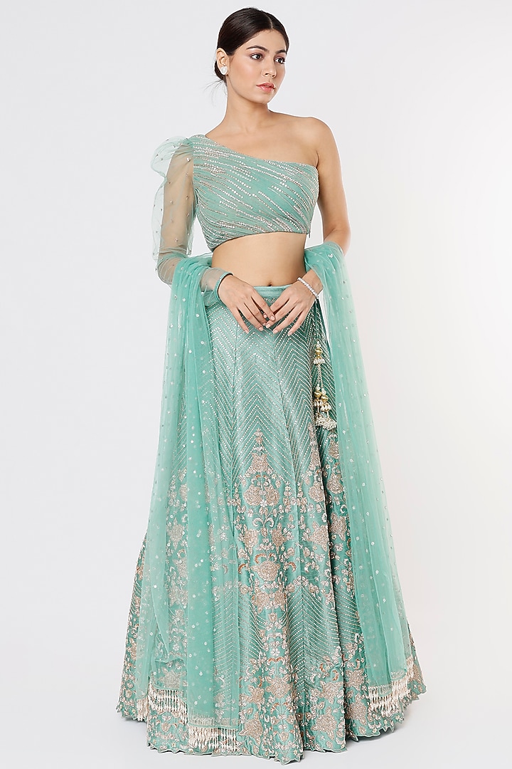 Mint Green Blended Silk Embroidered Bridal Lehenga Set by Chamee and Palak at Pernia's Pop Up Shop