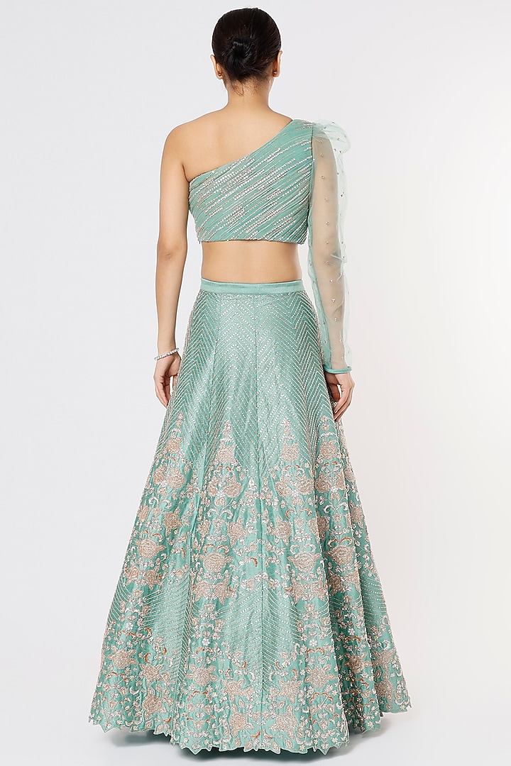 Mint Green Blended Silk Embroidered Bridal Lehenga Set by Chamee and Palak at Pernia's Pop Up Shop