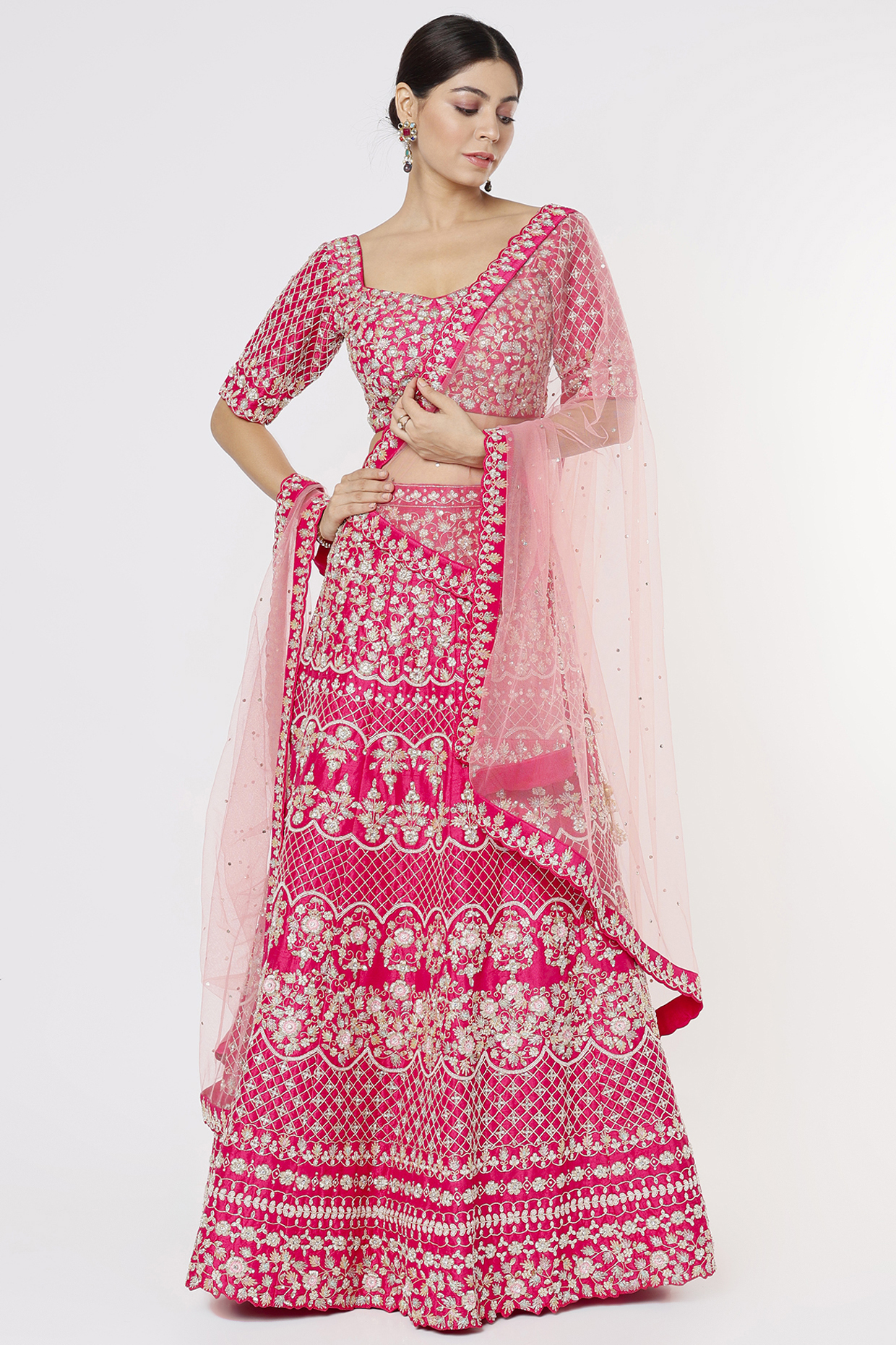 Fuchsia & Reddish Pink Raw Silk Embroidered Bridal Lehenga Set by Chamee and Palak at Pernia's Pop Up Shop