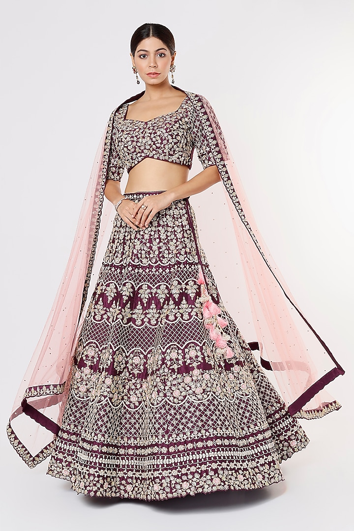 Wine Raw Silk Embroidered Lehenga Set by Chamee and Palak