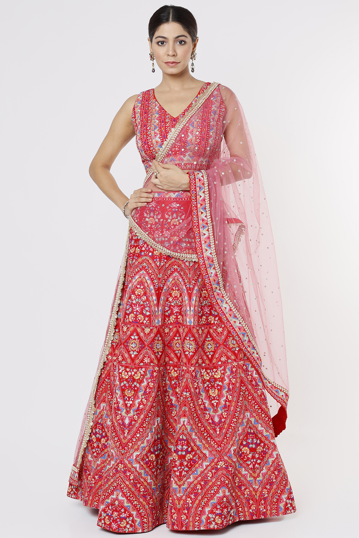 Coral Red Blended Silk Embroidered Wedding Lehenga Set by Chamee and Palak at Pernia's Pop Up Shop