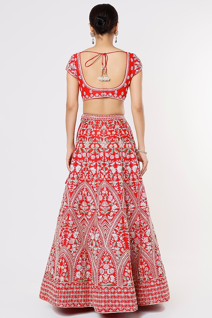 Cherry Red Blended Silk Embroidered Bridal Lehenga Set by Chamee and Palak at Pernia's Pop Up Shop