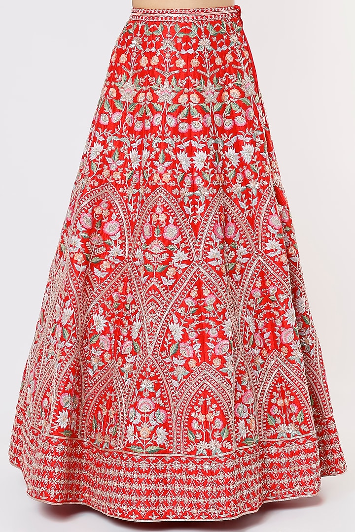 Cherry Red Blended Silk Embroidered Bridal Lehenga Set by Chamee and Palak at Pernia's Pop Up Shop