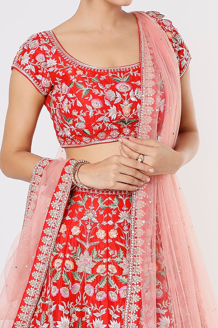 Cherry Red Blended Silk Embroidered Bridal Lehenga Set by Chamee and Palak at Pernia's Pop Up Shop