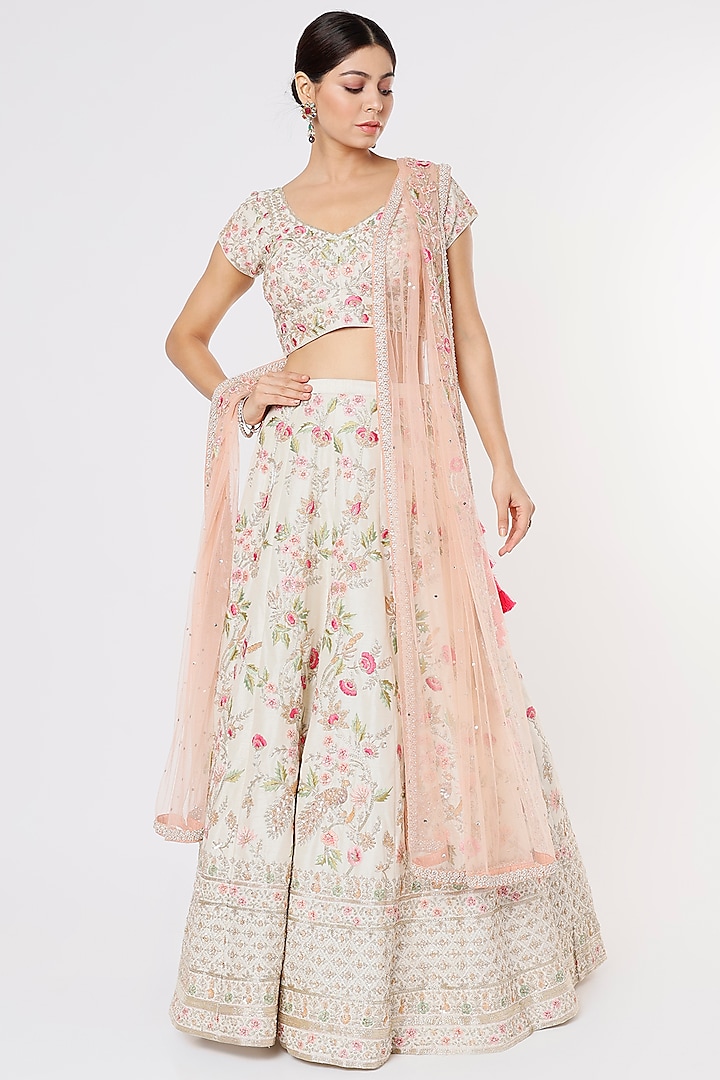 White Blended Silk Embroidered Lehenga Set by Chamee and Palak
