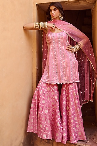 Mauve Pink Crepe Embroidered Kurta Set by Chamee and Palak
