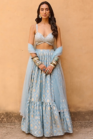 Hazel Blue Jacquard Lehenga Set by Chamee and Palak