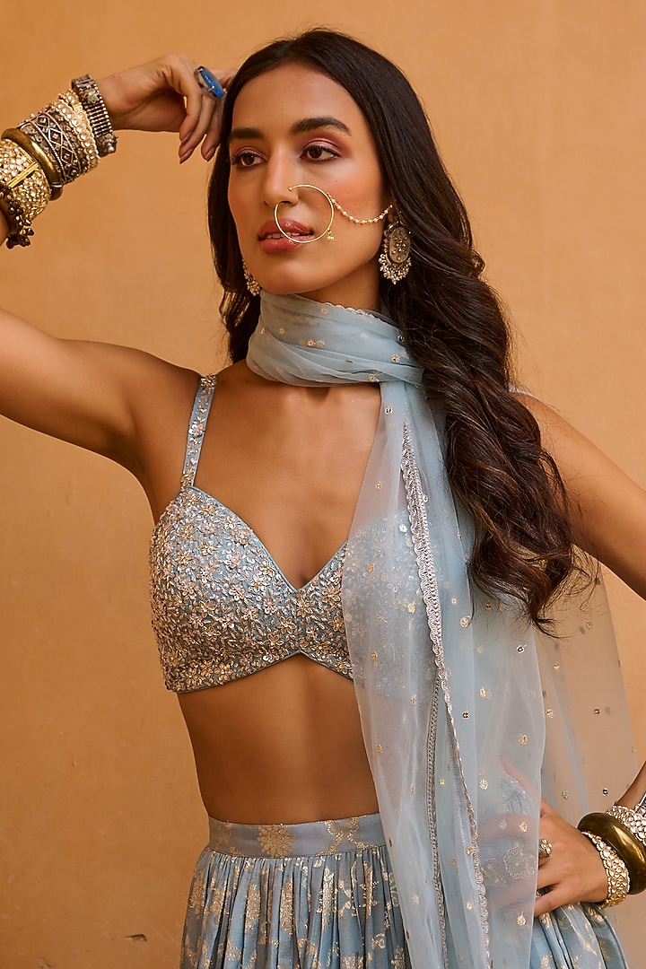 Hazel Blue Jacquard Wedding Lehenga Set by Chamee and Palak at Pernia's Pop Up Shop