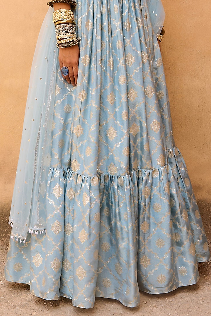 Hazel Blue Jacquard Wedding Lehenga Set by Chamee and Palak at Pernia's Pop Up Shop