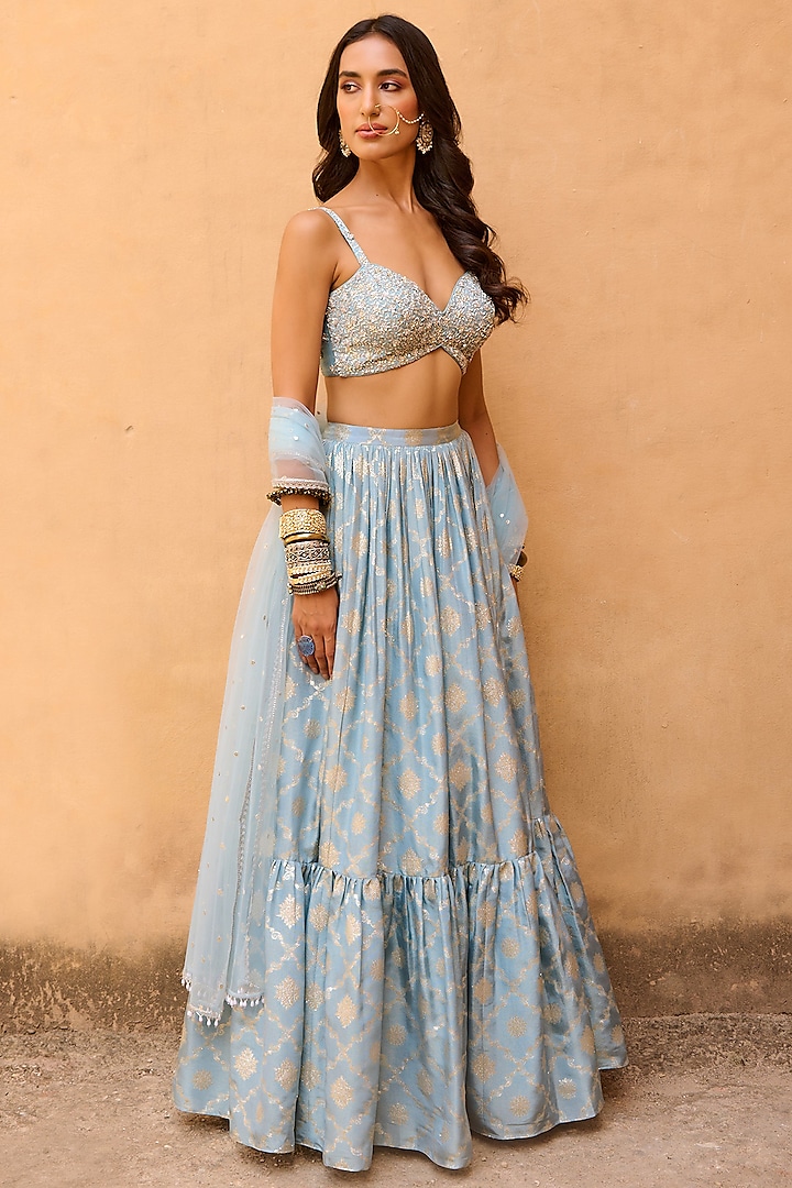 Hazel Blue Jacquard Wedding Lehenga Set by Chamee and Palak at Pernia's Pop Up Shop