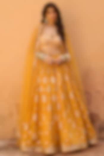 Mustard Yellow Jacquard Lehenga Set by Chamee and Palak