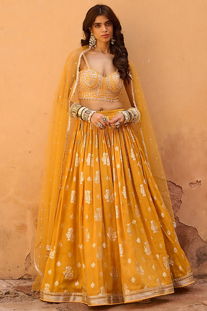 Mustard Yellow Jacquard Lehenga Set by Chamee and Palak