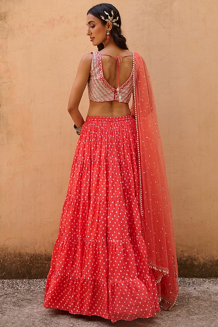 Orange Georgette Bandhani Printed Wedding Lehenga Set by Chamee and Palak at Pernia's Pop Up Shop