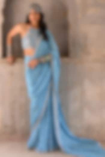 Hazel Blue Georgette Embroidered Saree Set by Chamee and Palak