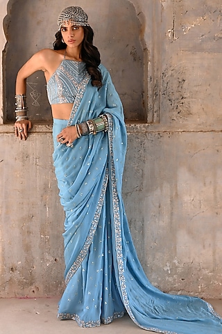 Hazel Blue Georgette Embroidered Saree Set by Chamee and Palak