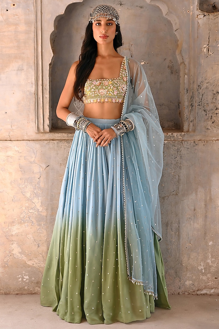 Basil Green Georgette Shaded Lehenga Set by Chamee and Palak