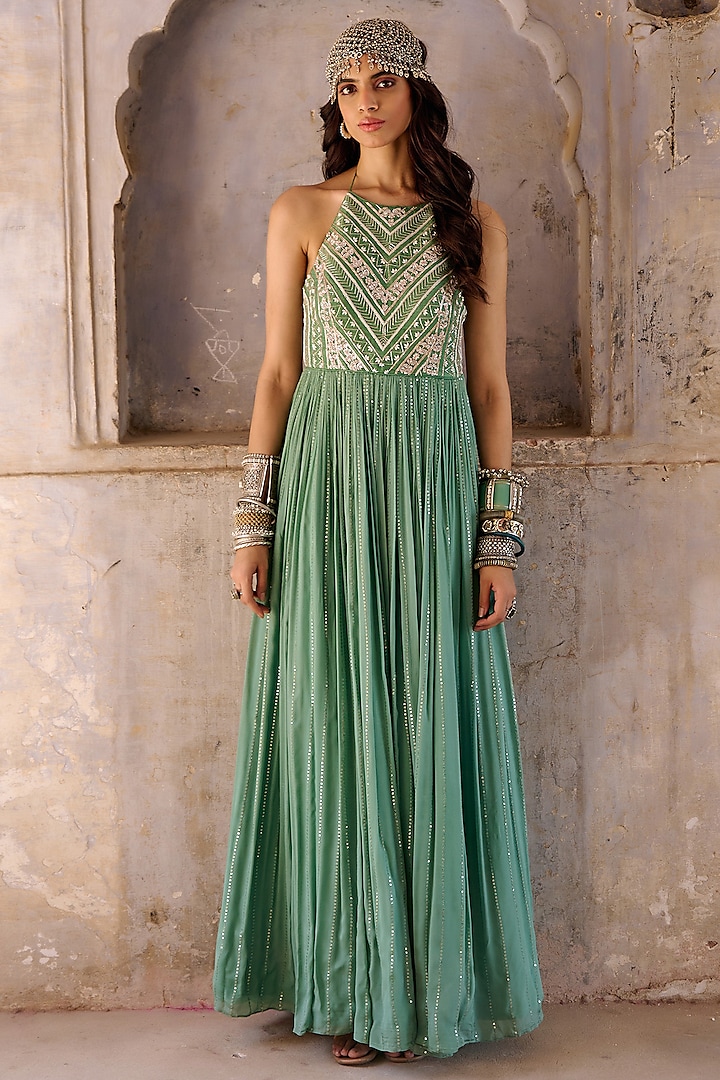 Sage Green Georgette Embroidered Flared Gown by Chamee and Palak