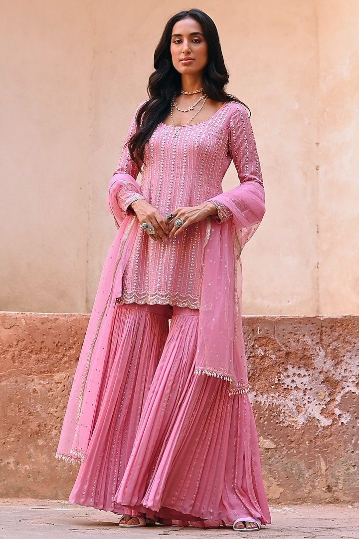 Mauve Pink Crepe Embroidered Kurta Set by Chamee and Palak