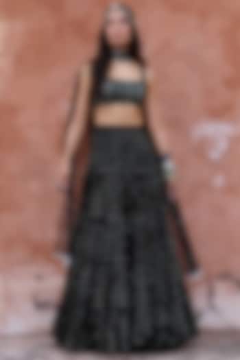 Black Georgette Frilled Wedding Lehenga Set by Chamee and Palak at Pernia's Pop Up Shop