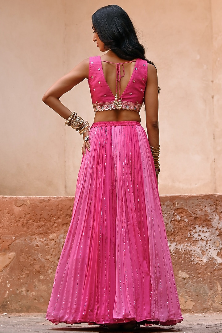 Hot Pink Georgette Shaded Wedding Lehenga Set by Chamee and Palak at Pernia's Pop Up Shop
