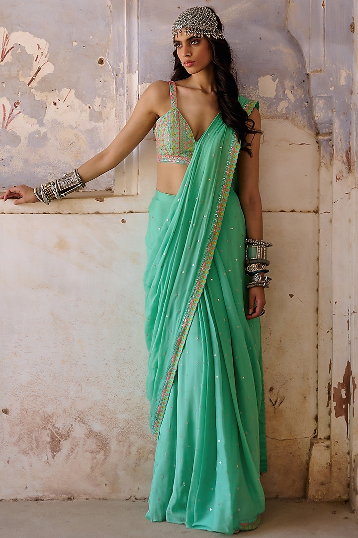 Sea Green Georgette Saree Set by Chamee and Palak