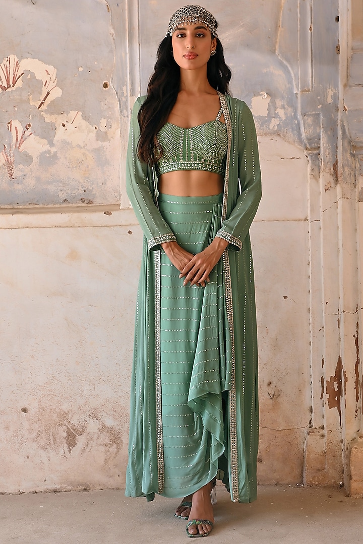 Sage Green Georgette Cape Set by Chamee and Palak at Pernia's Pop Up Shop