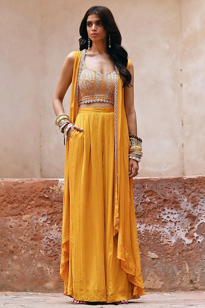 Mustard Yellow Georgette Jacket Set by Chamee and Palak