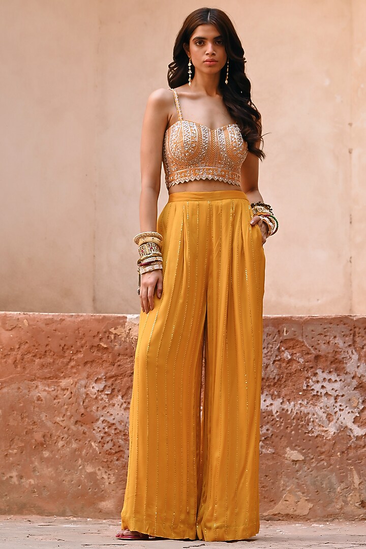 Mustard Yellow Georgette Jacket Set by Chamee and Palak at Pernia's Pop Up Shop