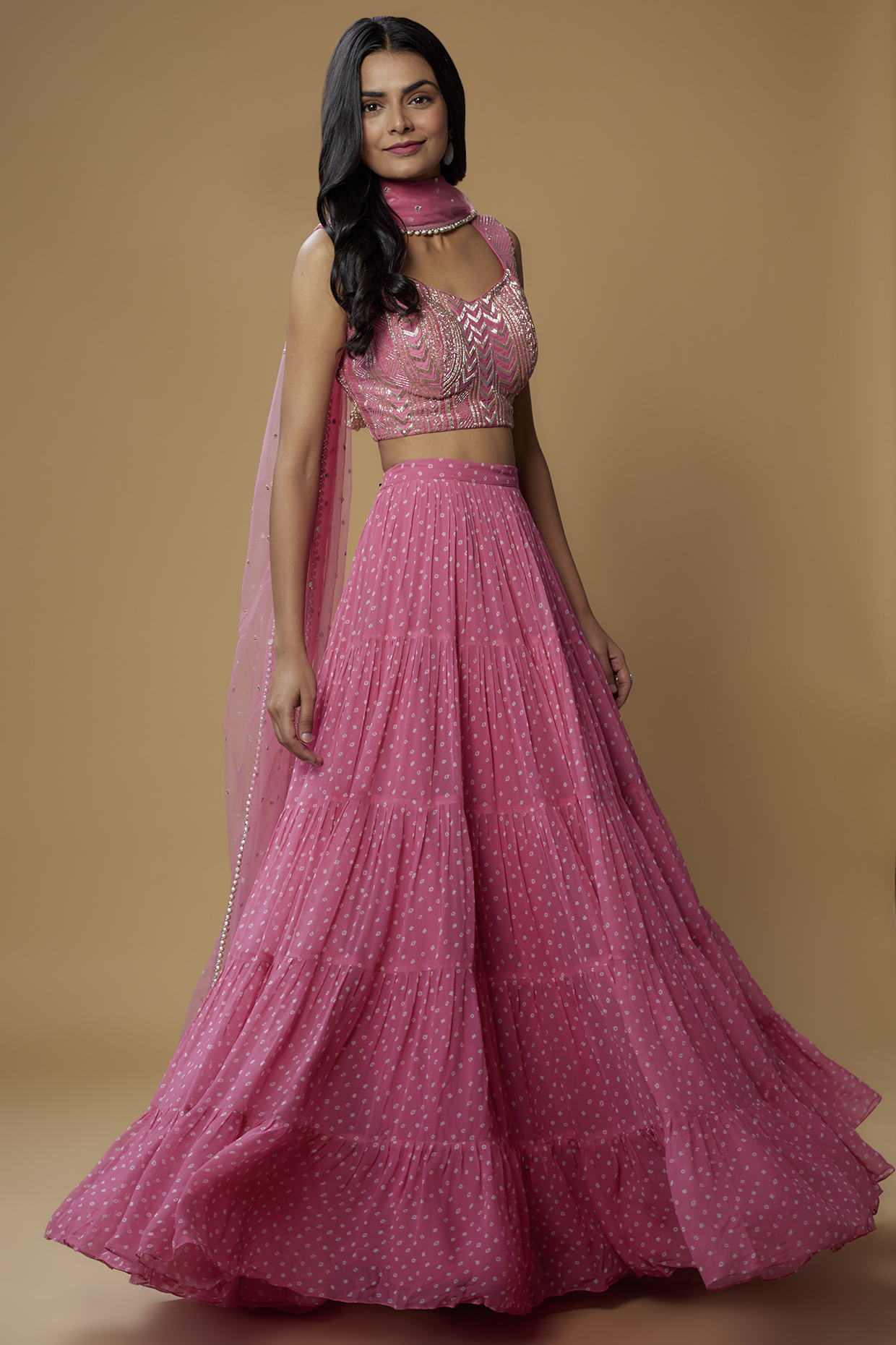 Candy Pink Georgette Bandhani Printed Tiered Wedding Lehenga Set by Chamee and Palak at Pernia's Pop Up Shop
