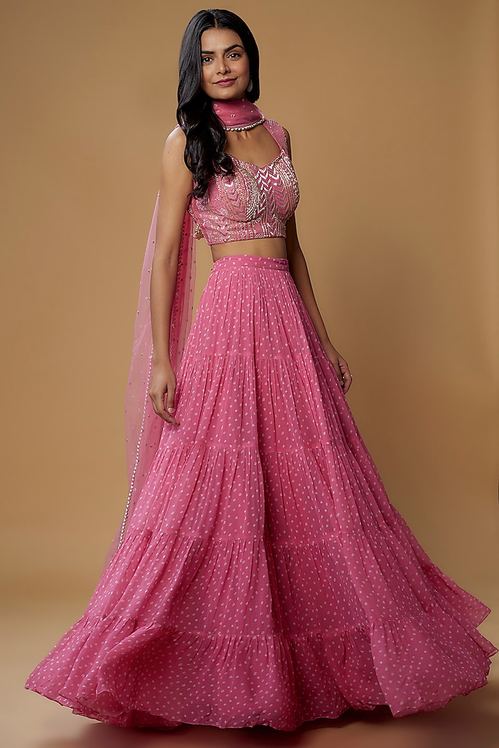 Candy Pink Georgette Bandhani Printed Tiered Wedding Lehenga Set by Chamee and Palak at Pernia's Pop Up Shop