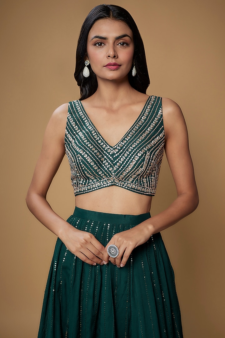 Green Georgette Sequins Wedding Lehenga Set by Chamee and Palak at Pernia's Pop Up Shop