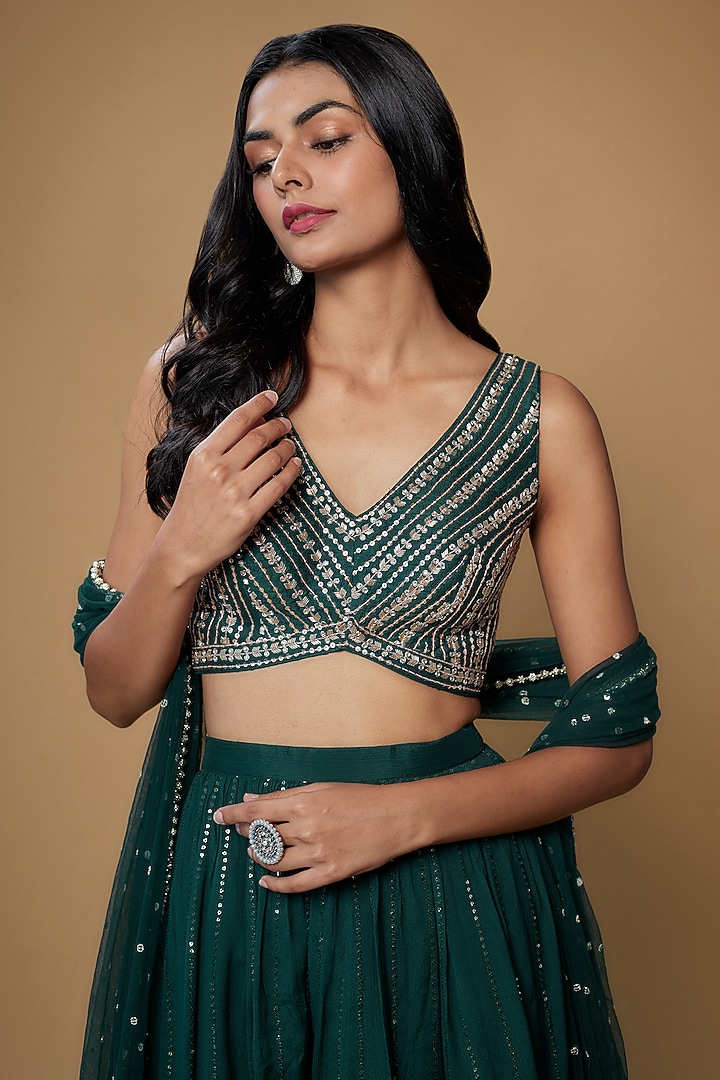 Green Georgette Sequins Wedding Lehenga Set by Chamee and Palak at Pernia's Pop Up Shop