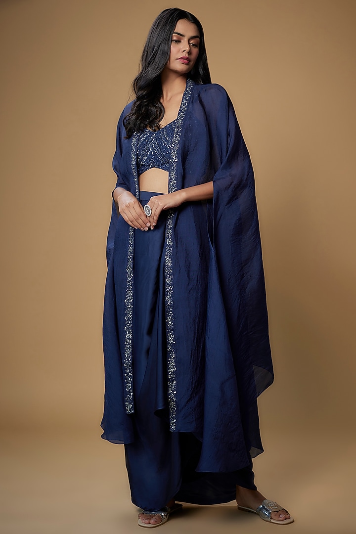 Blue Organza Embroidered Cape Set by Chamee and Palak at Pernia's Pop Up Shop