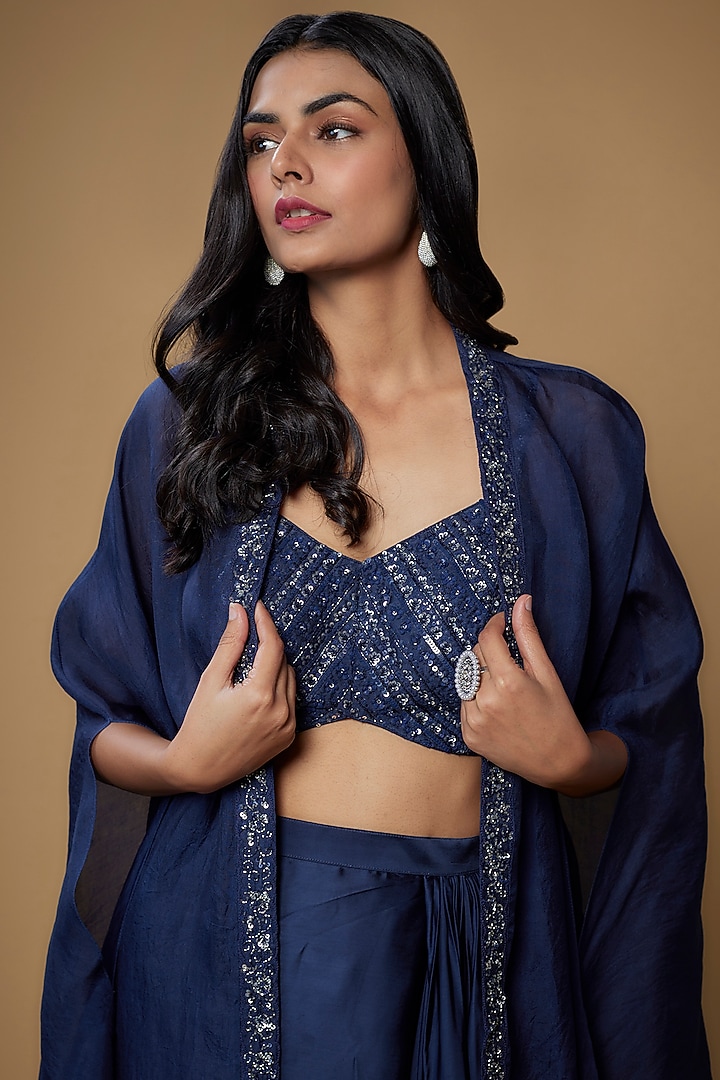 Blue Organza Embroidered Cape Set by Chamee and Palak at Pernia's Pop Up Shop