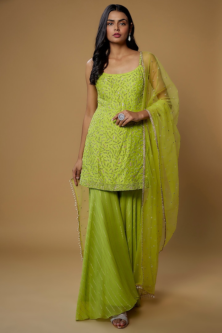 Lime Green Raw Silk Hand Embroidered Kurta Set by Chamee and Palak