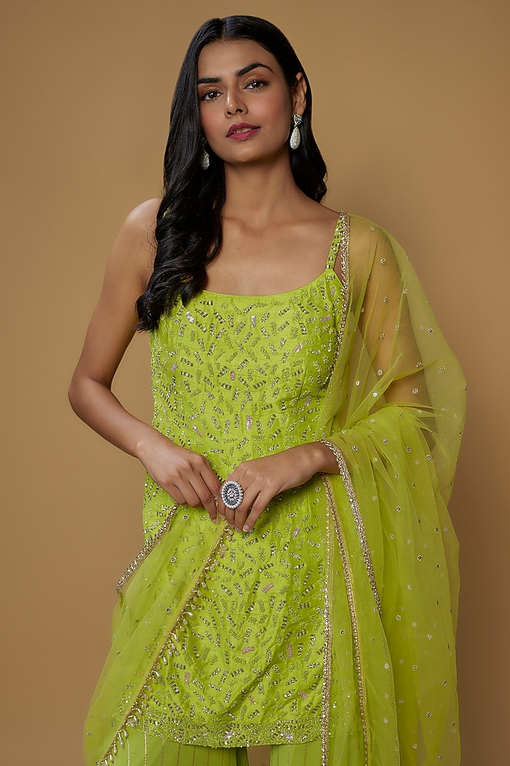 Lime Green Raw Silk Hand Embroidered Kurta Set by Chamee and Palak at Pernia's Pop Up Shop