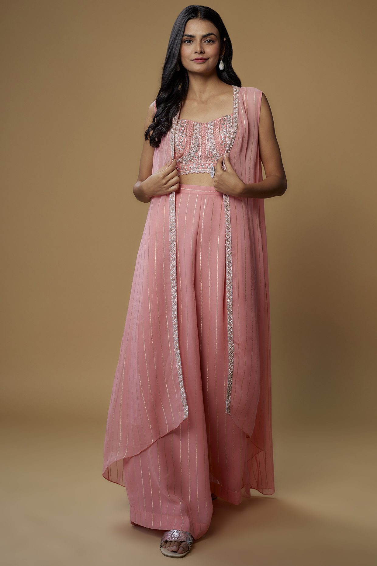 Peach Georgette & Raw Silk Embroidered Jacket Set by Chamee and Palak at Pernia's Pop Up Shop