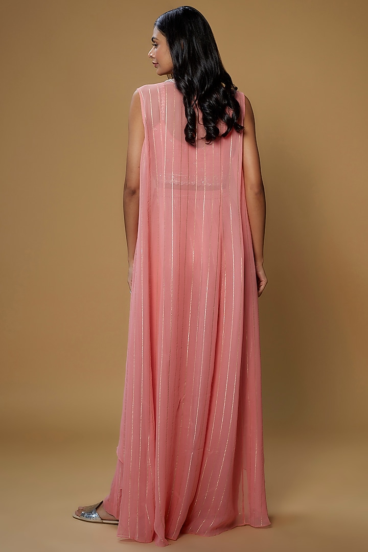 Peach Georgette & Raw Silk Embroidered Jacket Set by Chamee and Palak at Pernia's Pop Up Shop