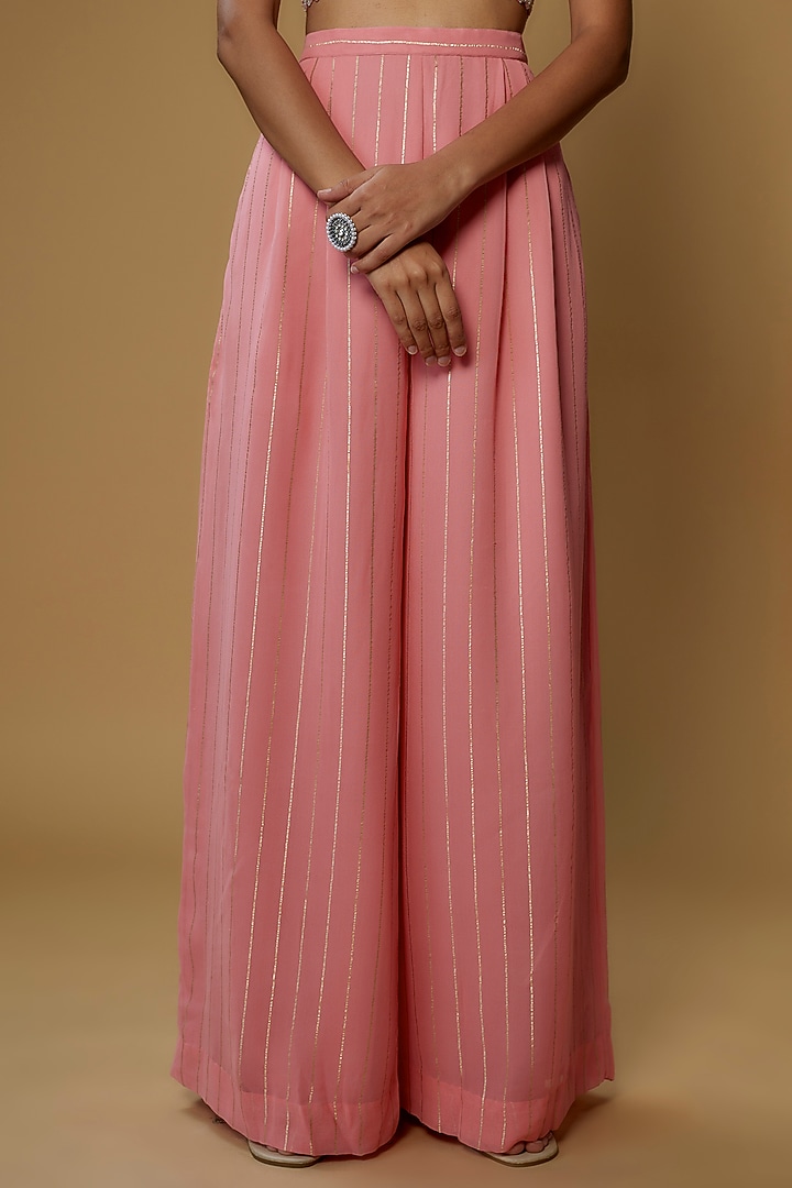 Peach Georgette & Raw Silk Embroidered Jacket Set by Chamee and Palak at Pernia's Pop Up Shop