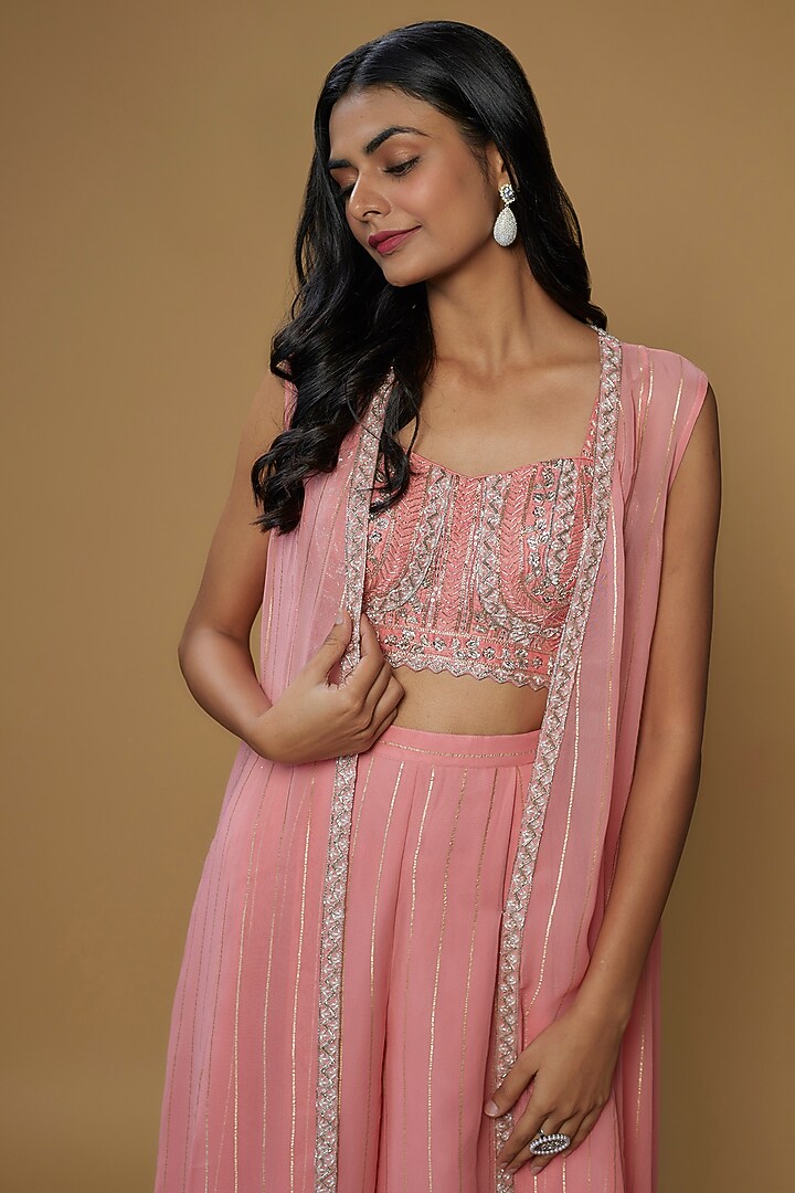Peach Georgette & Raw Silk Embroidered Jacket Set by Chamee and Palak at Pernia's Pop Up Shop