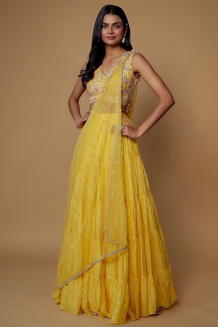 Yellow Georgette Flared Wedding Lehenga Set by Chamee and Palak at Pernia's Pop Up Shop