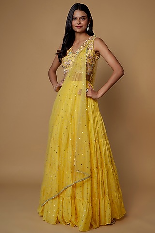 Yellow Georgette Flared Lehenga Set by Chamee and Palak