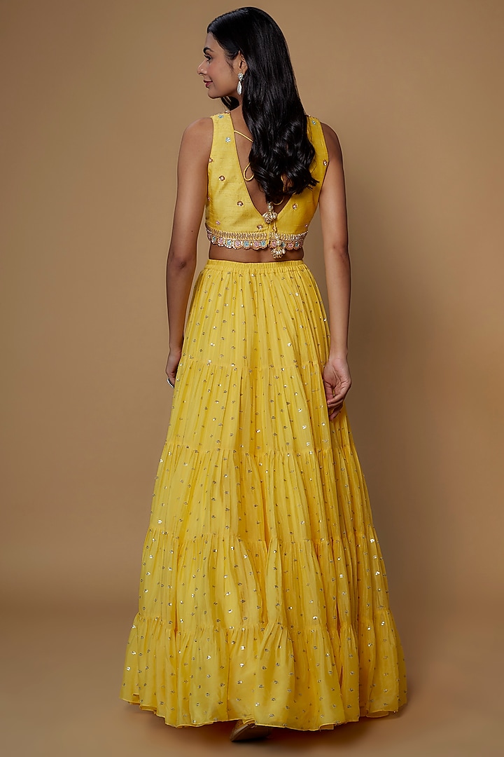 Yellow Georgette Flared Wedding Lehenga Set by Chamee and Palak at Pernia's Pop Up Shop