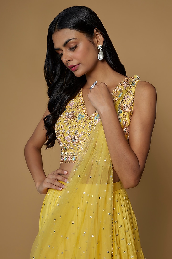 Yellow Georgette Flared Wedding Lehenga Set by Chamee and Palak at Pernia's Pop Up Shop