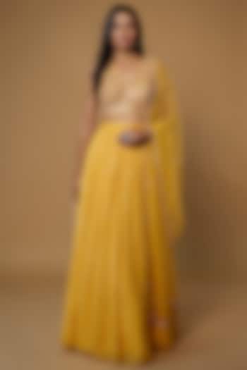 Yellow Georgette Flared Wedding Lehenga Set by Chamee and Palak at Pernia's Pop Up Shop