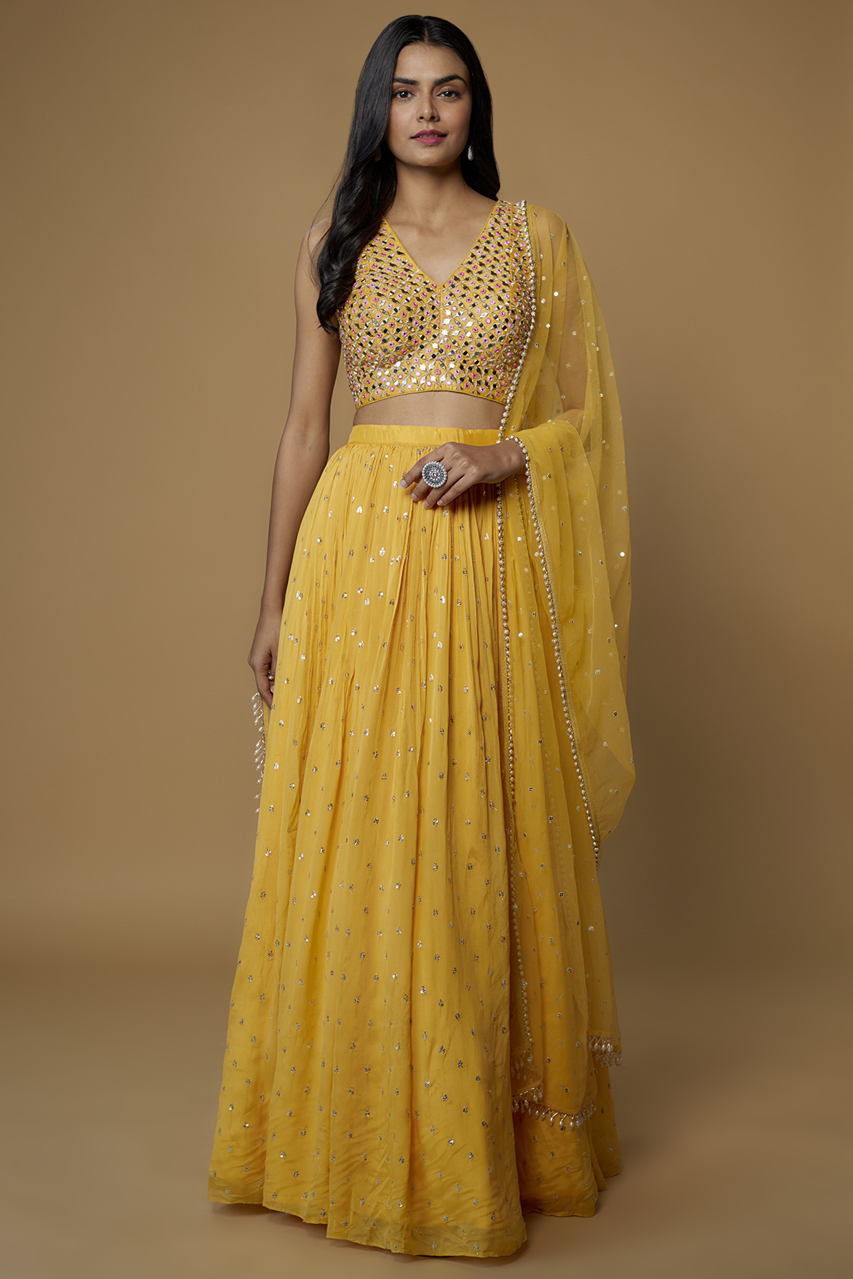 Yellow Georgette Flared Wedding Lehenga Set by Chamee and Palak at Pernia's Pop Up Shop