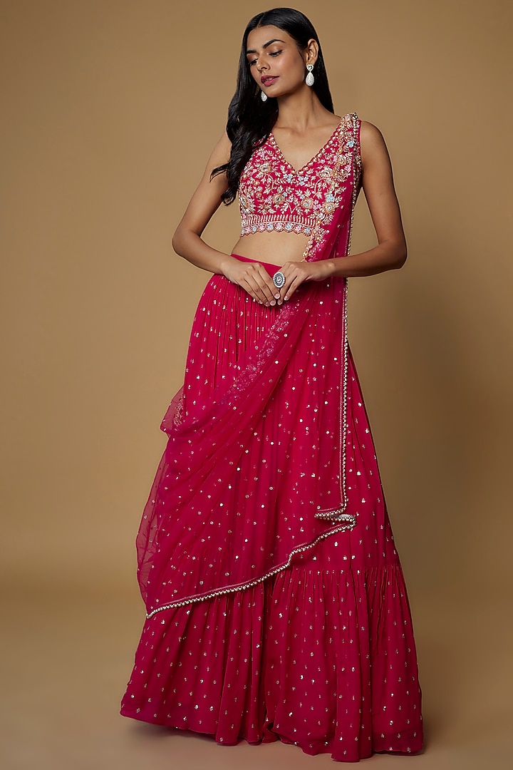 Pink Georgette Flared Wedding Lehenga Set by Chamee and Palak at Pernia's Pop Up Shop