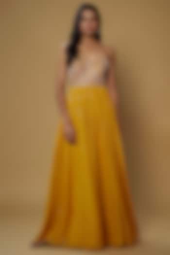 Yellow Georgette Embellished Gown by Chamee and Palak